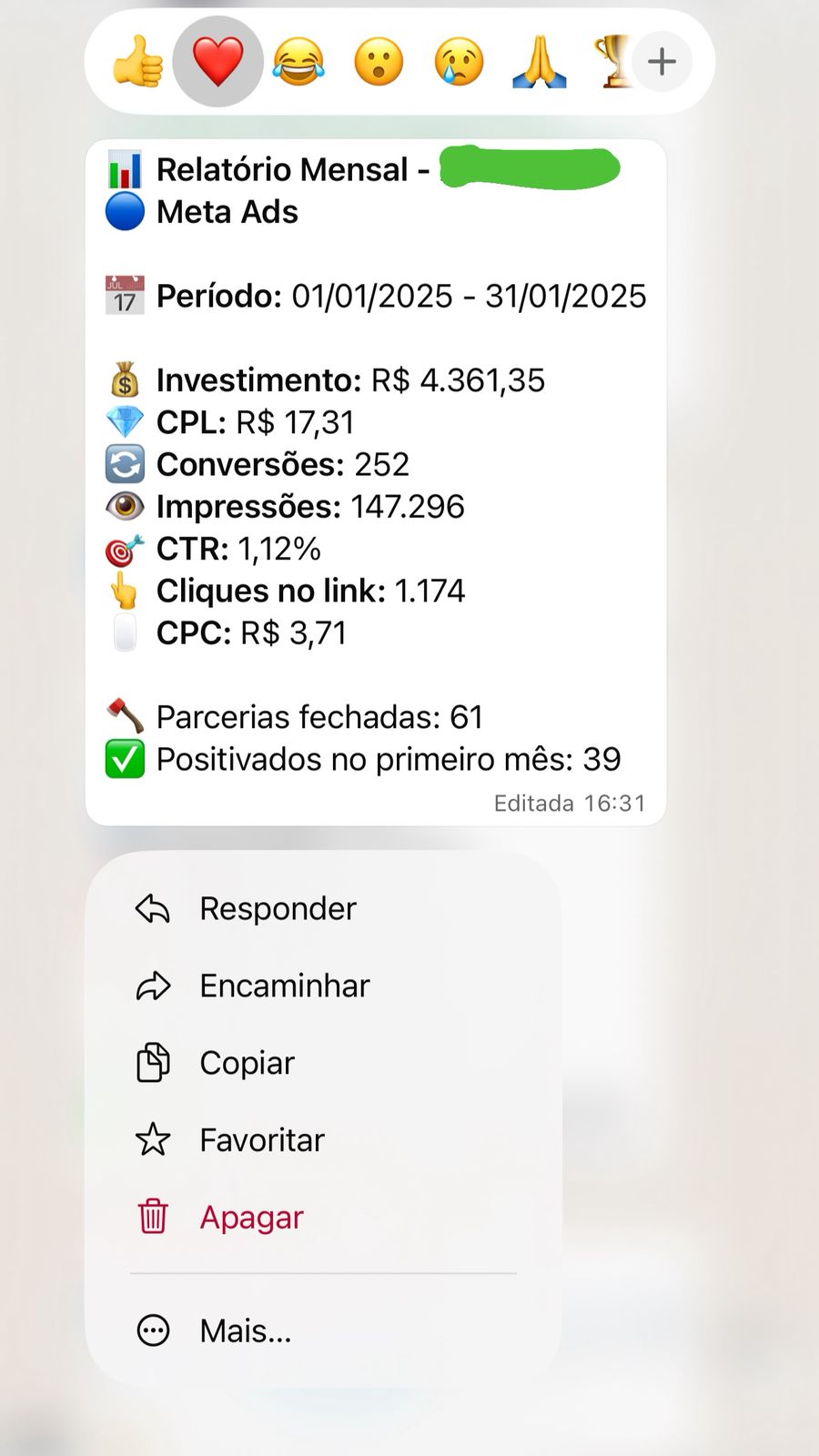 Relatório mensal de uma AR com parcerias fechadas e positivadas