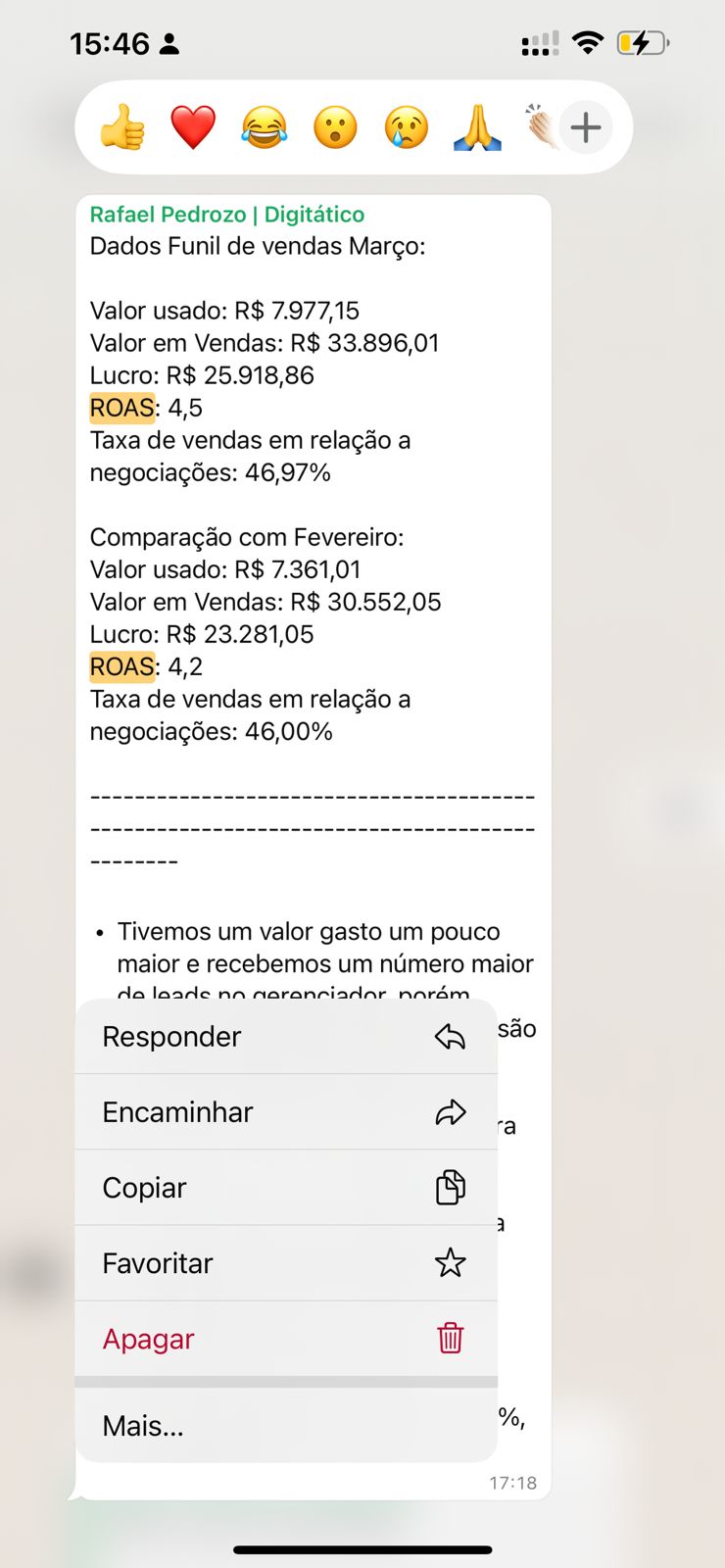 Mensagem de cliente sobre resultado comercial